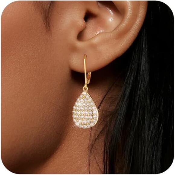 14K Gold Plated Sterling Silver Dangle Heart Waterdrop Earring - Picture 2 of 5